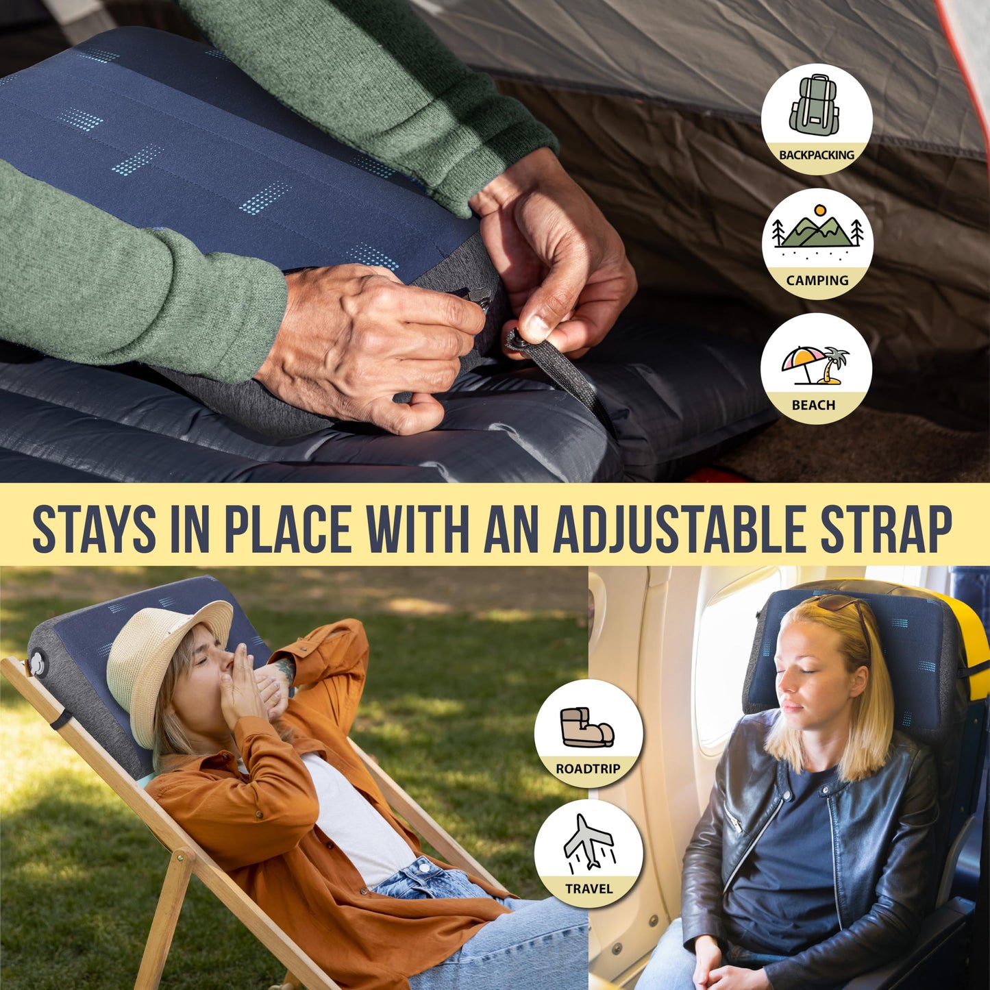 TREKOLOGY Premium Inflatable Camping Pillow with Removable Foam-Padded Case – Noise-Reducing, Ergonomic Design for Outdoor, Backpacking, and Air Travel ALUFT Pro (Blue)