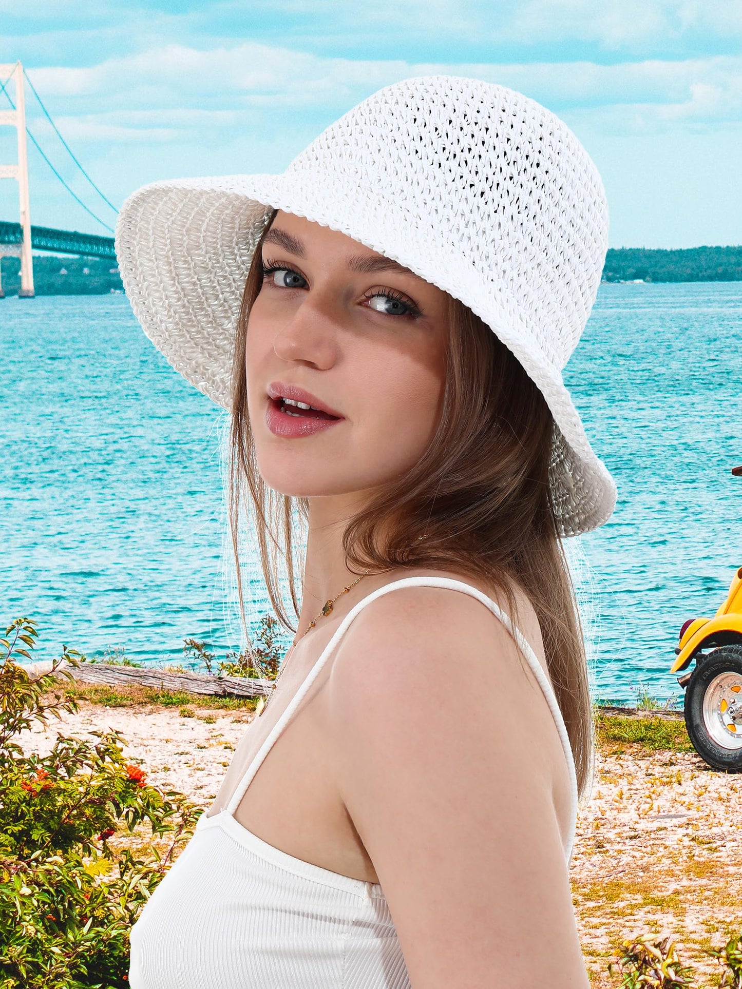 Womens Sun Hat Handmade Crochet Straw Bucket Hat Summer UV Protection Foldable Travel Cap UPF 50+(White)
