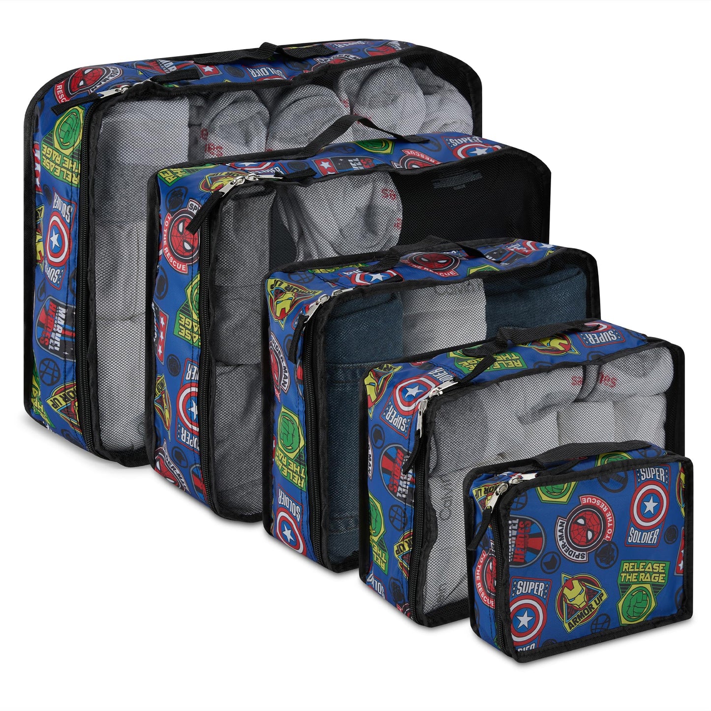 Marvel Comics 5-Piece Packing Cube Set - Spiderman, Ironman, Captain America - 5 Piece Packing Cubes Compression Travel Essential Accessories - Luggage Suitcase Organizer Set - For Kids, Adults
