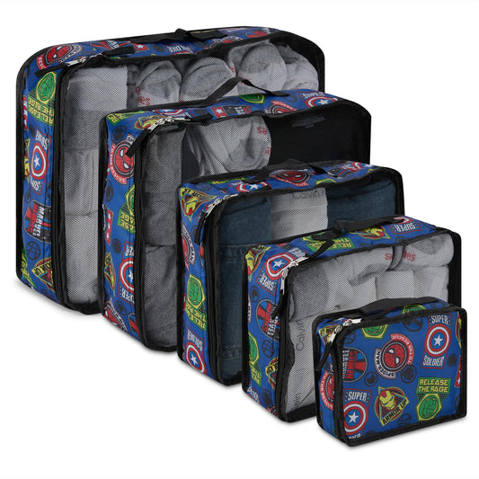 Marvel Comics 5-Piece Packing Cube Set - Spiderman, Ironman, Captain America - 5 Piece Packing Cubes Compression Travel Essential Accessories - Luggage Suitcase Organizer Set - For Kids, Adults