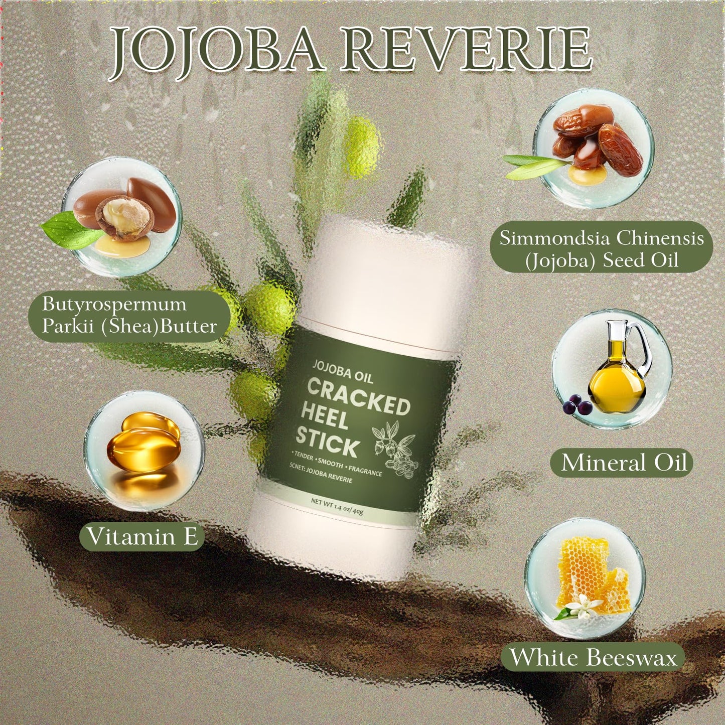 4 Pcs Cracked Heel Repair Set –Comes with 2 Repair Sticks & 2 Foot Care Socks, Rose & Jojoba Oil Heel Balm for Dry Cracked Feet, No-Mess Applicator, Travel-Friendly