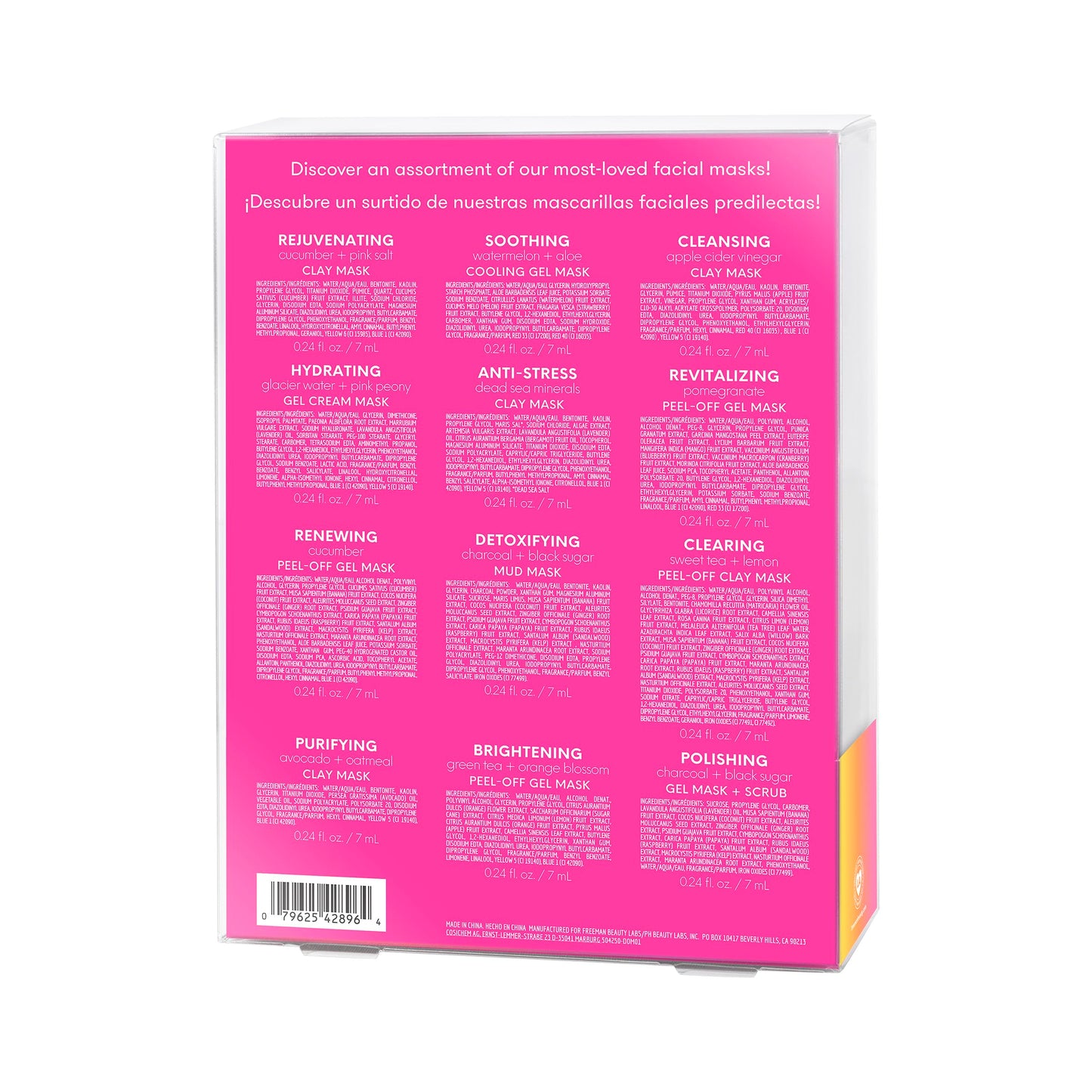 Freeman Facial Love To Mask Variety Pack: Oil Absorbing Clay, Detoxifying Charcoal, Clearing Peel Off, Hydrating Gel Cream, Exfoliating Scrub (14 Piece Kit with Bonus Buffer and Headband)