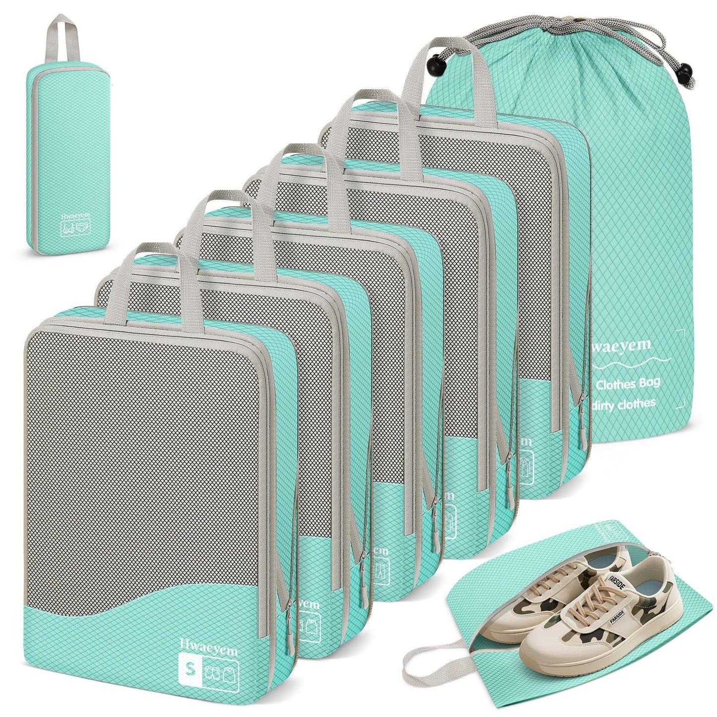 HWAEYEM Compression Packing Cubes 8 Set, Dual Zipper Compression Packing Cubes for Travel, See-Through Mesh Packing Bags for Suitcases, packing cubes with shoe bag