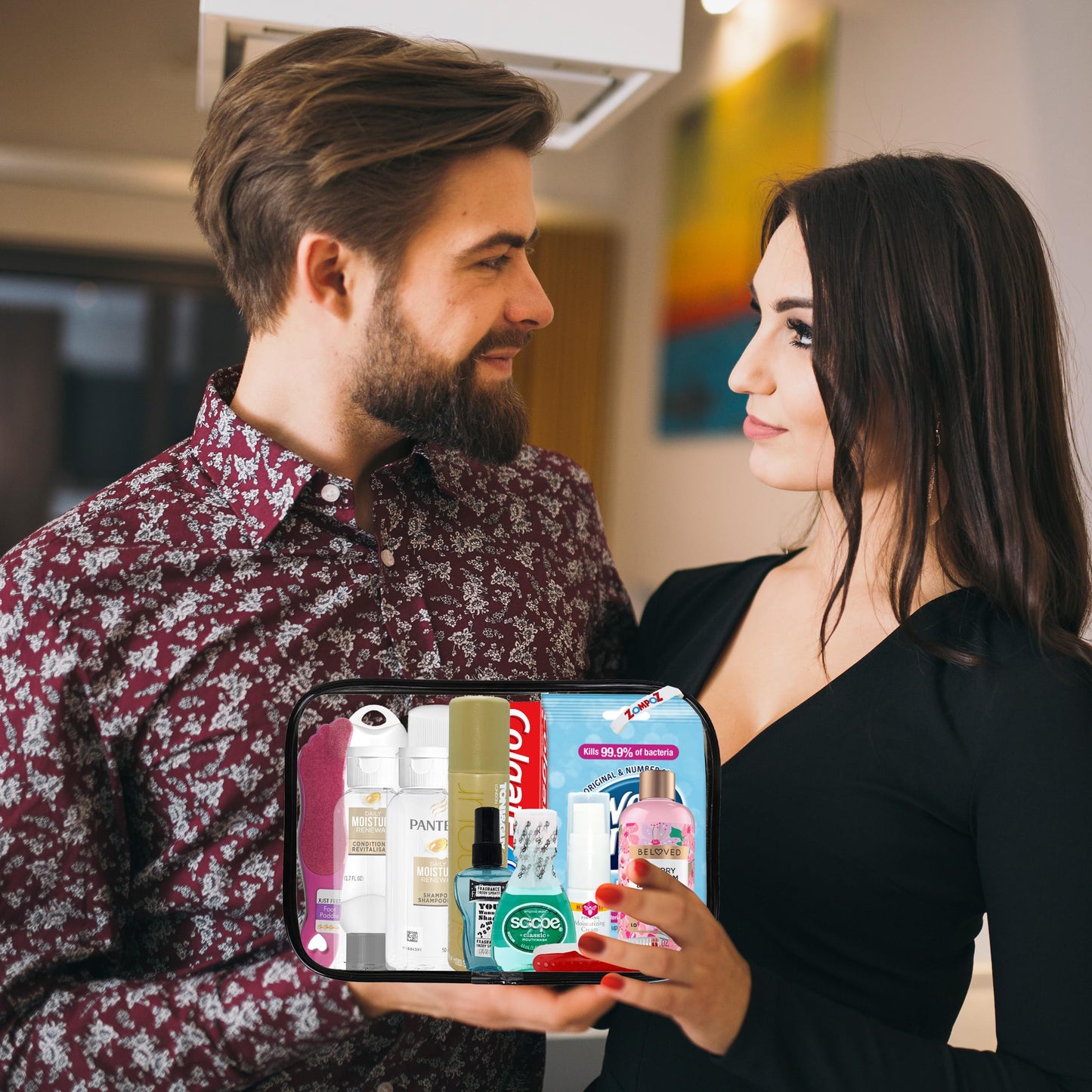 Womens Travel Toiletry Kit, 10 Travel-Size Hygiene Essentials for Bath, Shaving, Personal Care in TSA-Compliant Transparent Bag, Mini Toiletries Kit for Business, Charity, Womens Gift