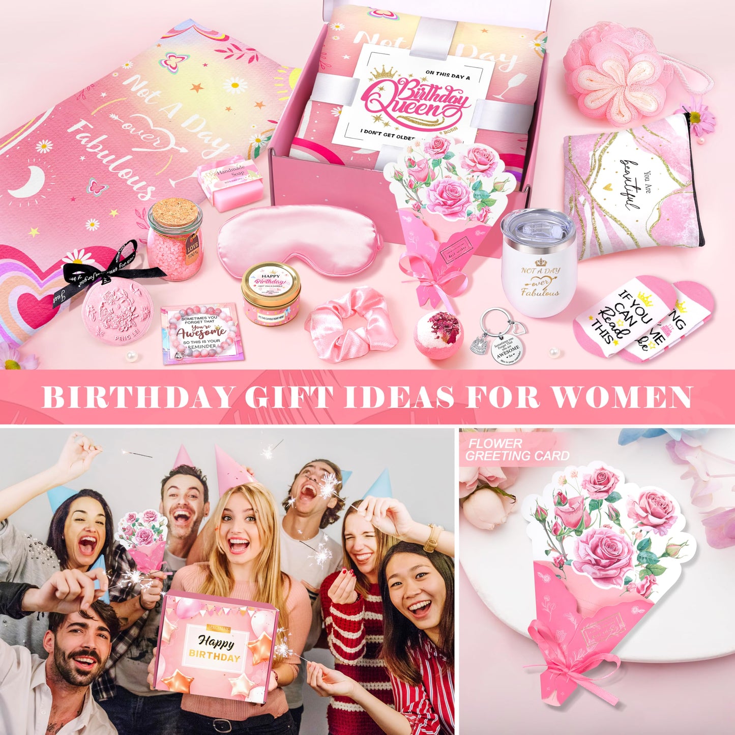 Birthday Gifts for Women, Happy Birthday Gifts Basket for Women Self Care Gift Get Well Soon Gifts, Rose Relaxing Spa Gift Basket with Beach Towel, Woman Birthday Gift for Sister Coworker Her Bestie