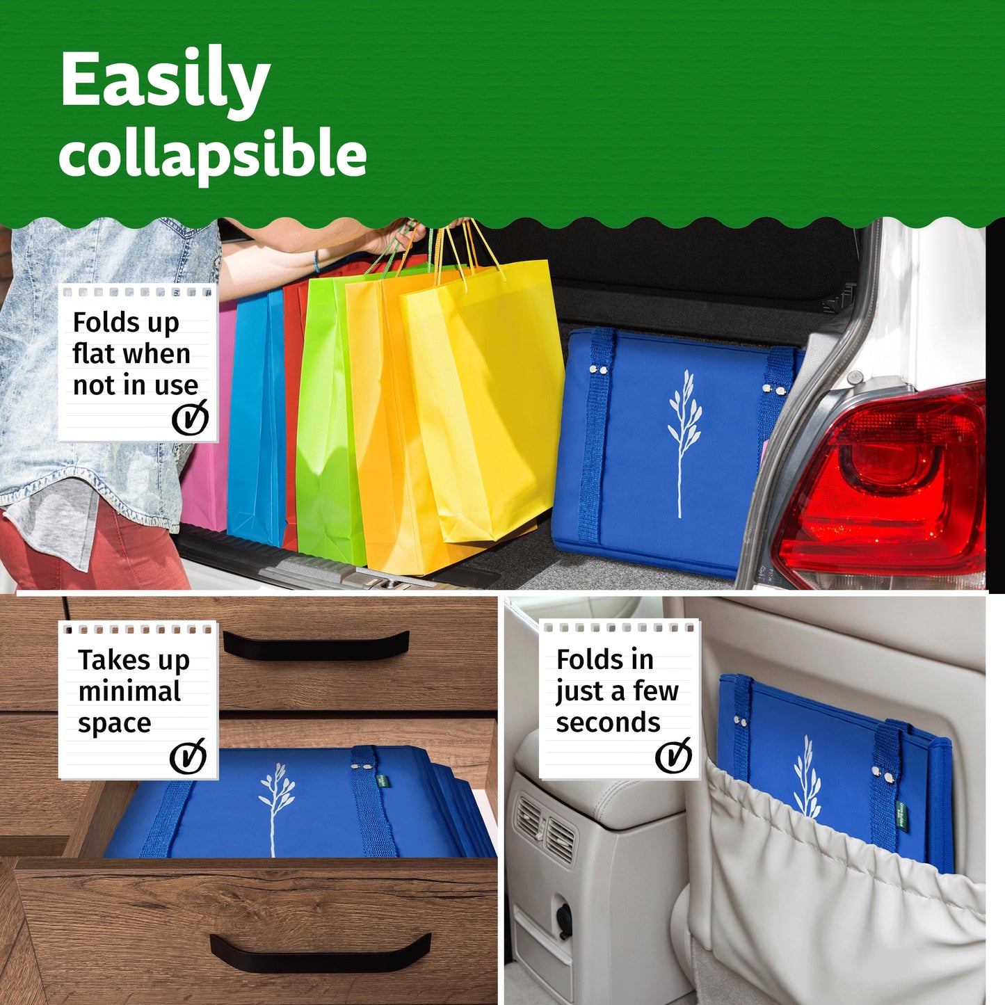 Green Bulldog Reusable Grocery Bags - Heavy Duty Reusable Shopping Tote Bags W/Long Handles, Foldable & Collapsible, Holds Up to 65 lbs - for Kitchen, Picnic 3 Pack