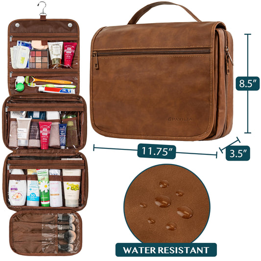 PAVILIA Hanging Toiletry Bag Women Men, Foldable Cosmetic Organizer Travel Bag, Water Resistant Makeup Bag Toiletries, Large Travel Essentials Kit (Brown)