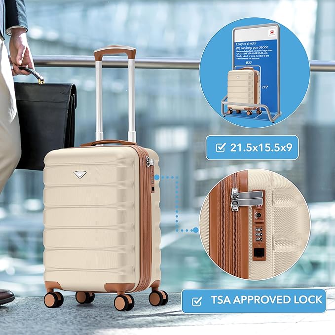 Carry On Suitcase Hardside TSA Lock & USB Port Silent Double Spinner Wheels Maximum Carry-On Bag For Canada Air Approved Airlines( 21.5x15.5x9" ,Cream/Tan )