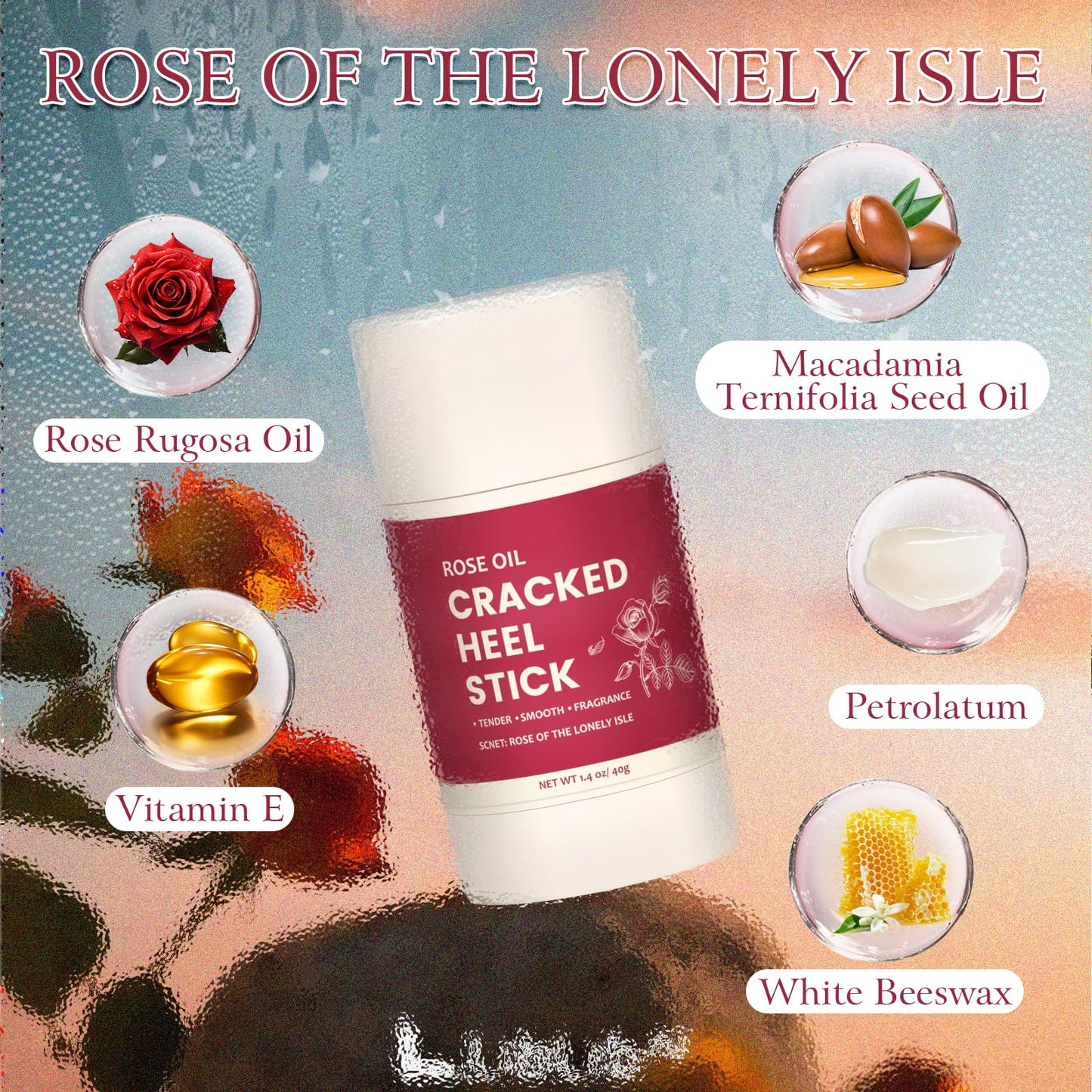 4 Pcs Cracked Heel Repair Set –Comes with 2 Repair Sticks & 2 Foot Care Socks, Rose & Jojoba Oil Heel Balm for Dry Cracked Feet, No-Mess Applicator, Travel-Friendly