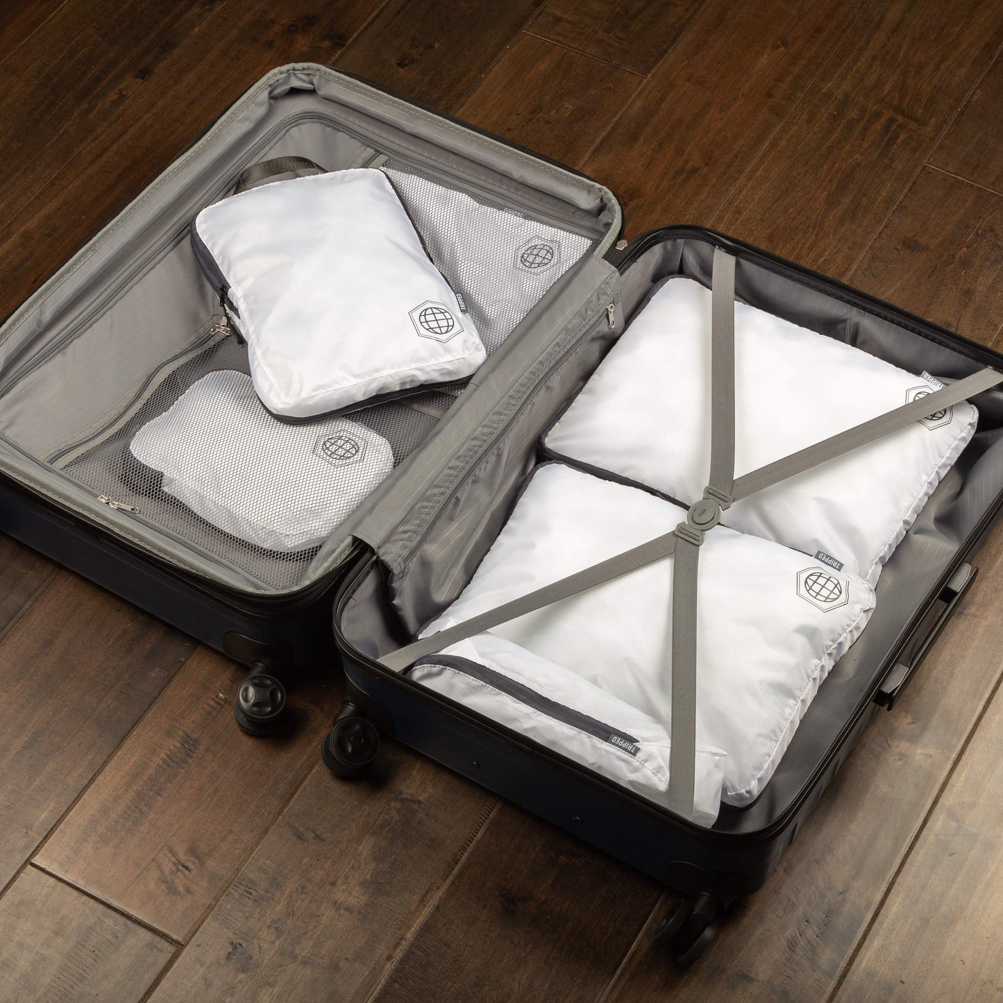 Large Compression Packing Cubes 6 Piece Set for Travel with Lightweight Laundry Bag for Carry-On Suitcase by TRIPPED Travel Gear (White)