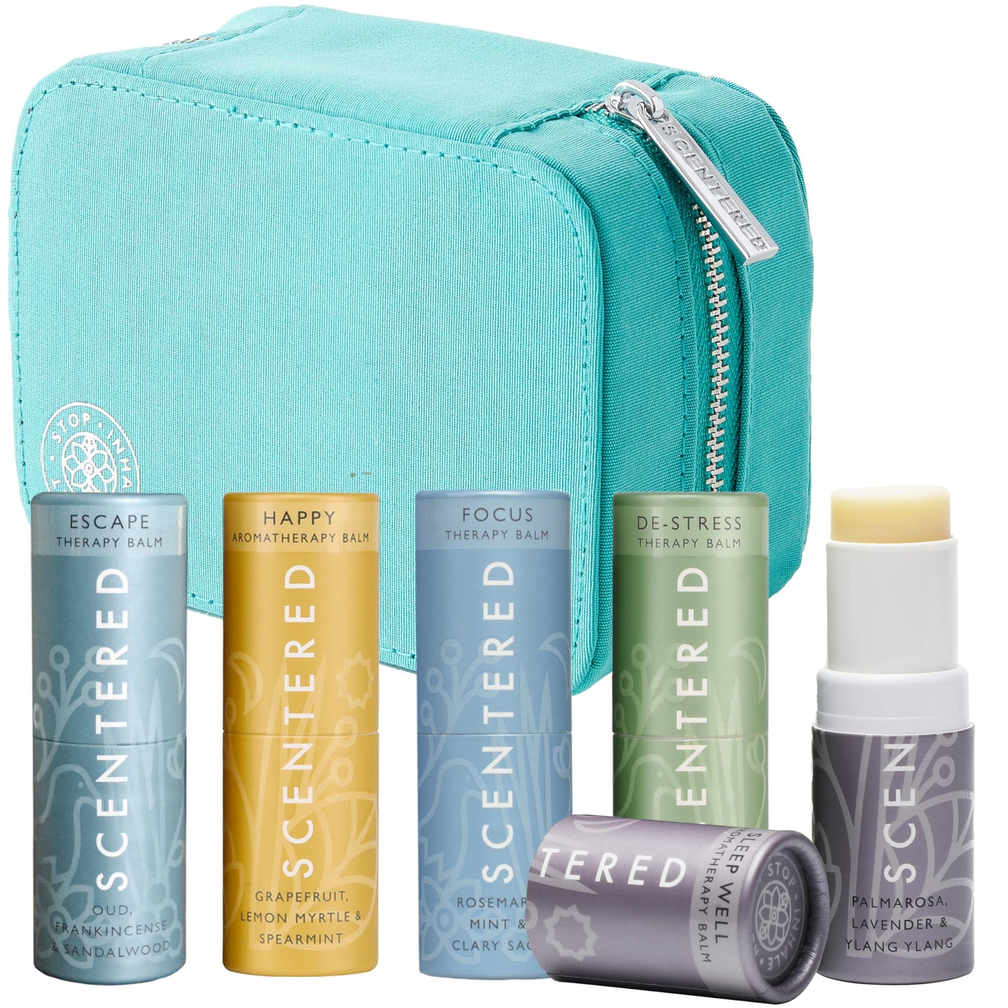 Scentered Aromatherapy Balm Stick Gift Set with Travel Pouch - Sleep, Focus, Stress-Relief, Mood Boost & Calm - 100% Natural Essential Oil Blends: Lavender, Chamomile, Rosemary, Cedarwood, Ylang Ylang