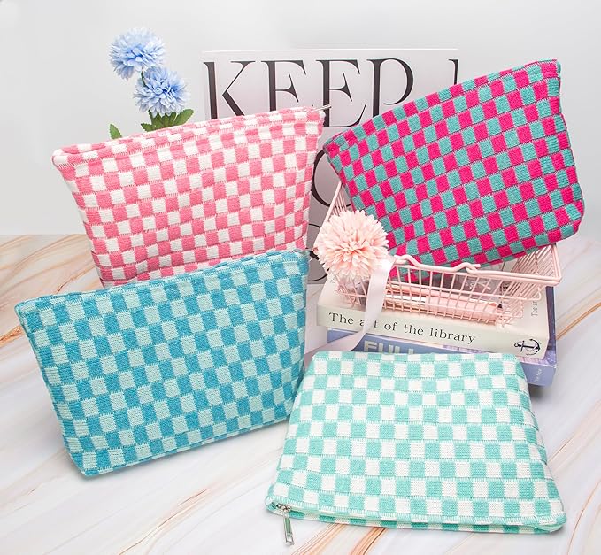 Knitted Checkered Makeup Bag Large Zipper Make Up Accessory Pouch for Purse Cosmetic Brush Bag for Travel Essential Pink White