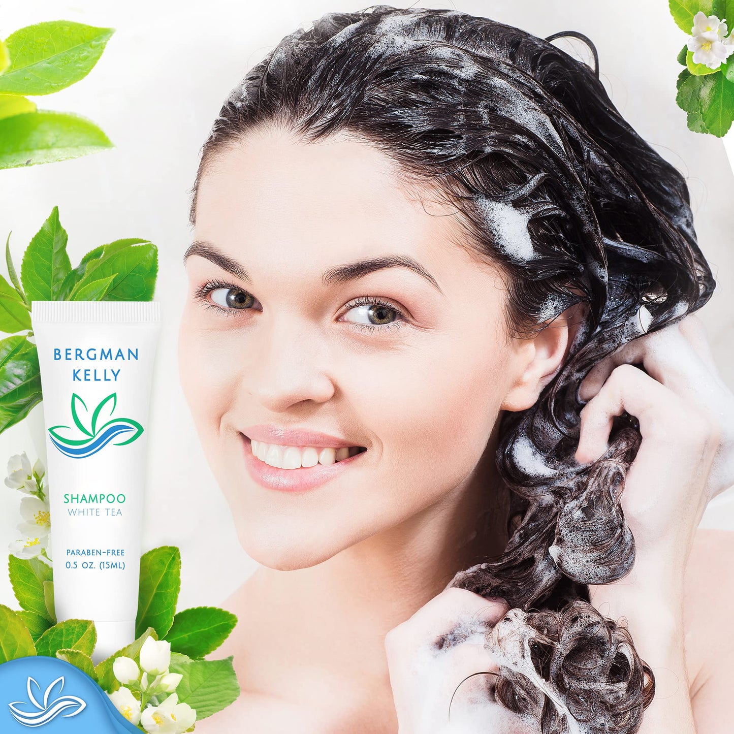 Bergman Kelly - Travel Shampoo and Conditioner Set - 0.5 fl oz, 100 Pieces, White Tea - Delight Your Guests with Revitalizing and Refreshing Hotel Toiletries and Guest Hospitality in Bulk