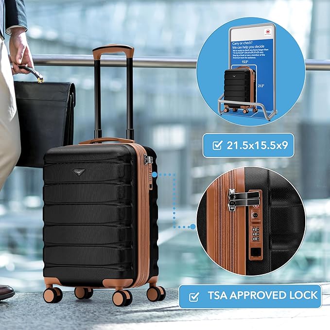 Carry On Suitcase Hardside TSA Lock & USB Port Silent Double Spinner Wheels Maximum Carry-On Bag For Canada Air Approved Airlines( 21.5x15.5x9" ,Black/Tan )