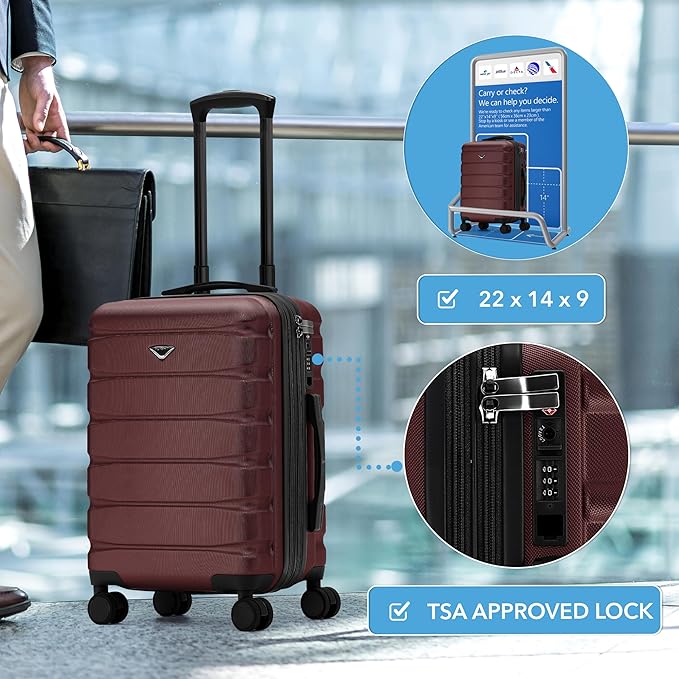 22x14x9" Expandable Carry On Suitcase Hardside TSA Lock USB C Port Lightweight Luggage Silent Double Spinner Wheels Maximum Overhead Carry-On Bag For American & United Approved Airlines