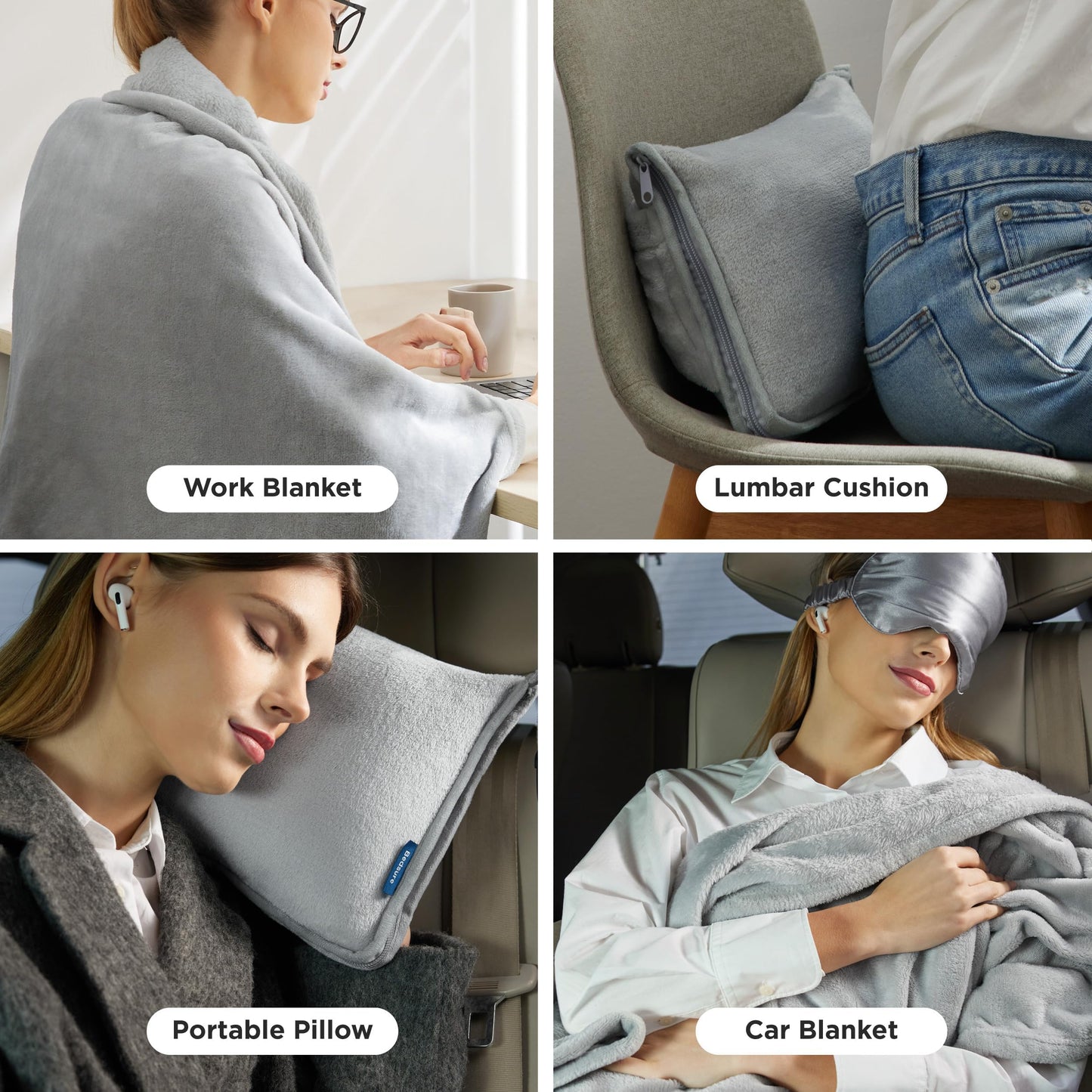 Bedsure Travel Blanket Airplane Compact with Storage Bag, Packable Blanket with Eye Mask, Lightweight 2-in-1 Travel Essentials, Functioned as Pillow for Airplane Comfort and Warmth, Grey