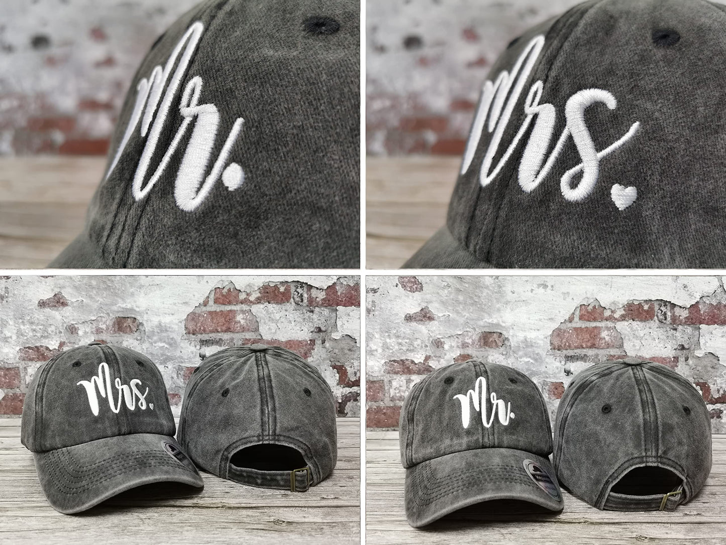 Matching Mr and Mrs Baseball Hats, Washed Black & Black Embroidered Hats Caps Couples Set, Bridal Gift, Newlywed Honeymoon Wedding Gift