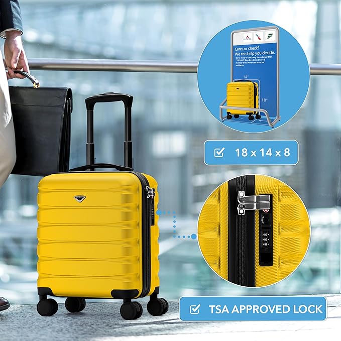 Carry On Suitcase Hardside Built In TSA Lock & USB Port Silent Double Spinner Wheels Maximum Underseat Carry-On Bag For American & United Approved Airlines( 18x14x8" ,Yellow )