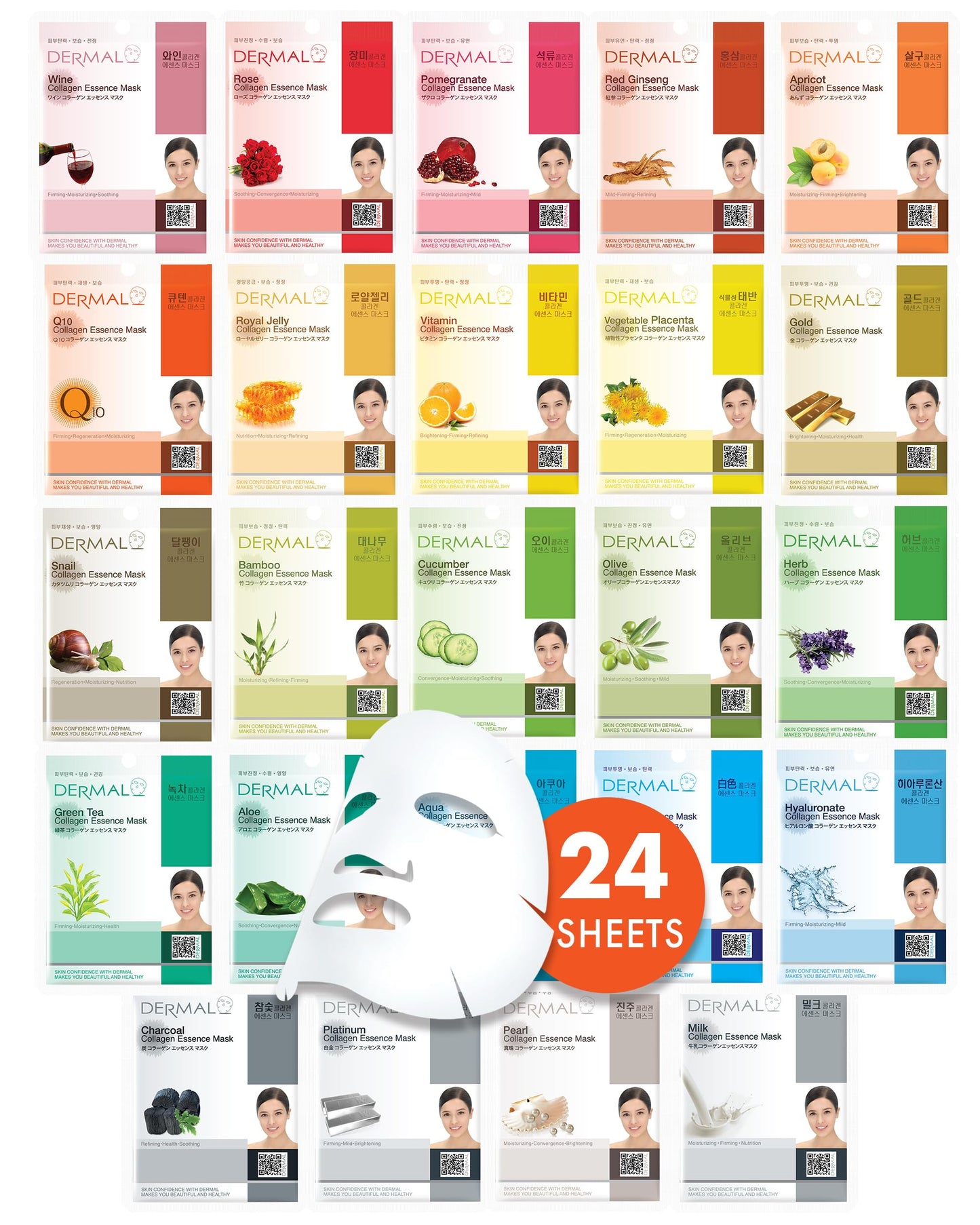 DERMAL Korean Collagen Face Mask – Hydrating & Soothing Sheet Mask with Panthenol – Hypoallergenic Calming Moisture Care for All Skin Types – 24 Combo Pack