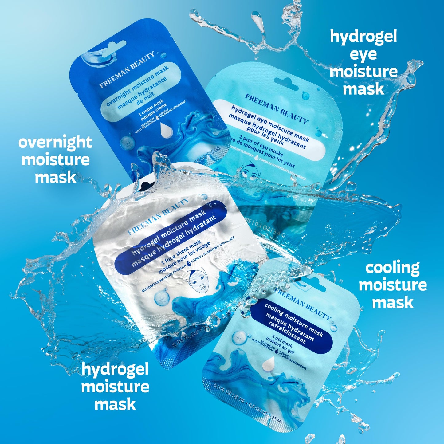 Freeman 4 Piece Moisture Mask Face Set, Hydrating Face Masks & Under Eye Mask For Puffy Eyes, Hydrogel Masks For Dry Skin, Hyaluronic Acid, Travel-Friendly, Vegan & Cruelty Free Skincare