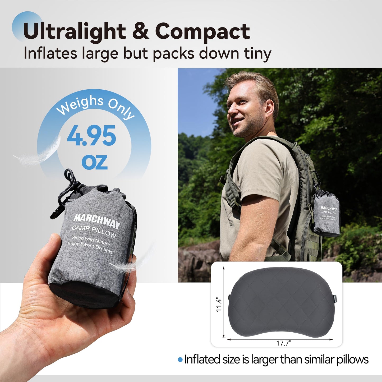 MARCHWAY Ultralight Inflatable Camping Pillow with Soft Washable Cover, Compact Compressible Portable Travel Air Pillow for Outdoor Camp, Sport, Hiking, Backpacking Sleep (Grey)