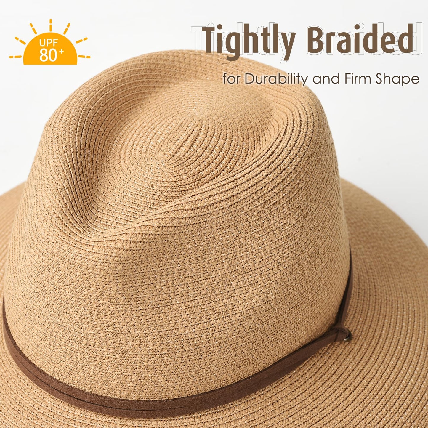 FURTALK Womens Summer Straw Sun Hats Wide Brim Panama Fedora Beach Hat with Wind Lanyard UPF 80+ Khaki