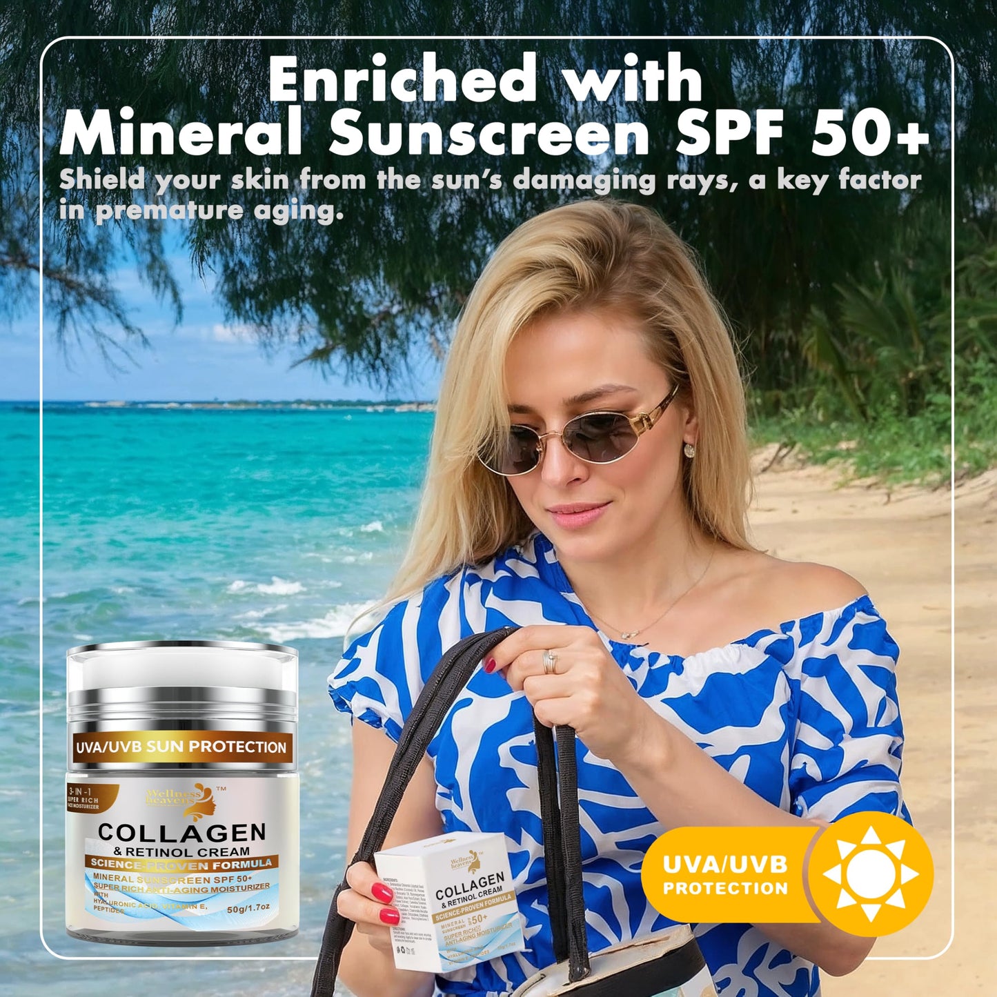 Daily Face Moisturizer with SPF 50 - Retinol, Hyaluronic Acid & Collagen with Age-Defying, Lift & Firm Cream and Sun Protection - Day & Night Repair Moisturizing Anti-Aging Sunscreen Lotion | 1.7oz