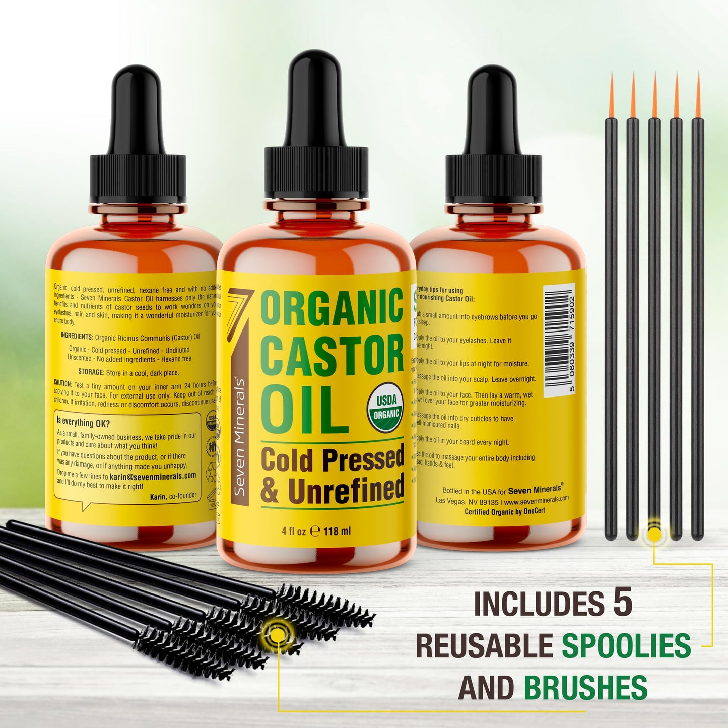 Seven Minerals 4oz Organic Castor Oil for Eyelashes, Eyebrows, Face & Hair Growth - Glass Bottle, Cold Pressed & Hexane Free - 100% Pure - Hydrates & Boosts Natural Hair, Ordinary Lash & Brow Growth