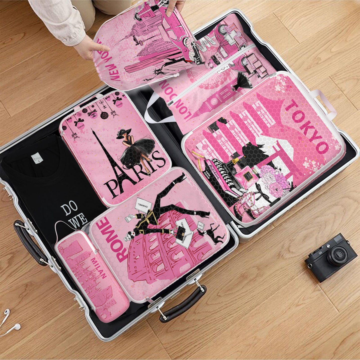 Compression Packing Cubes for Travel, 6 Set Pink Fashion Luxury Girly Luggage Organizers, Lightweight Waterproof Expandable/Compression Bags Smell Proof Travel Packing Cubes for Suitcases