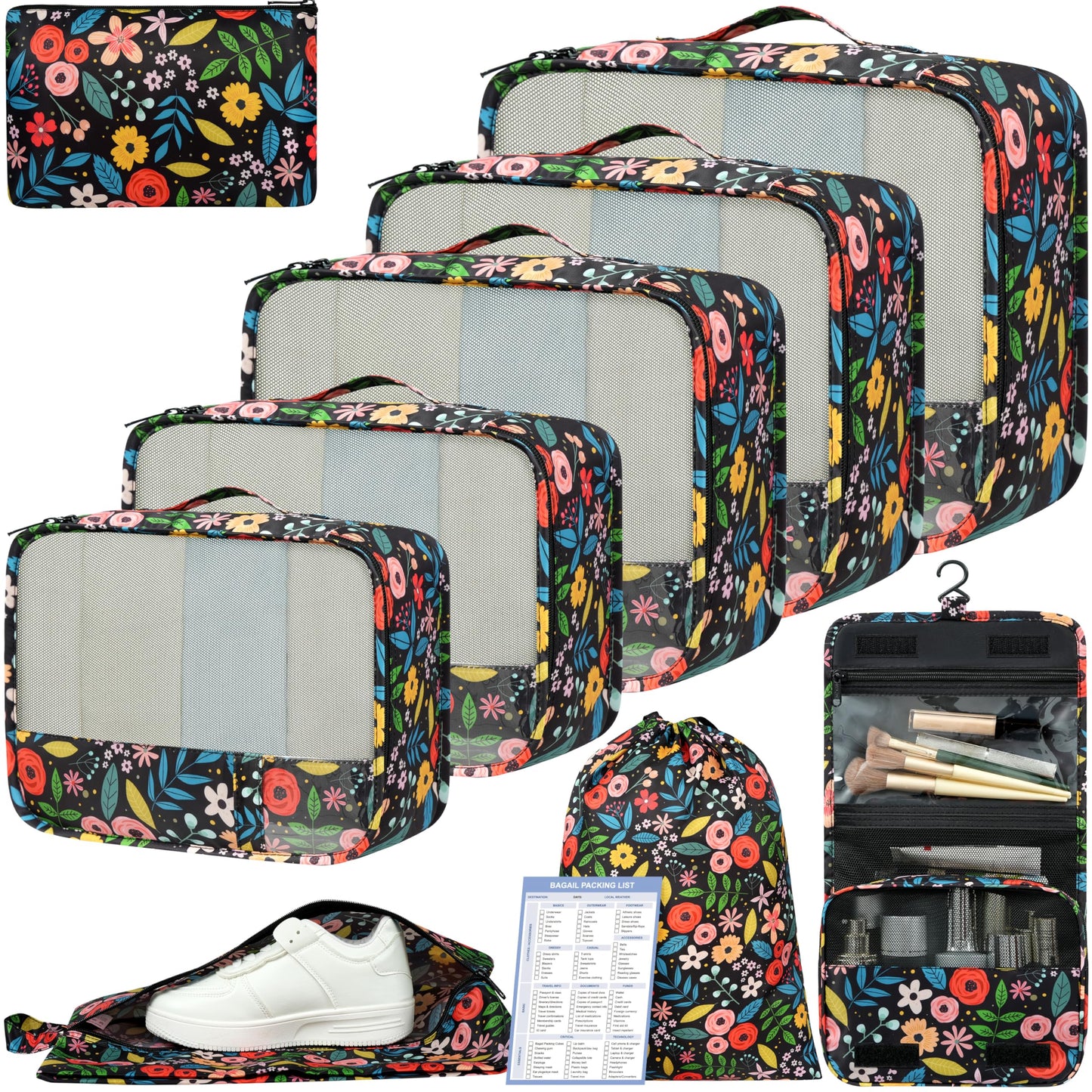 BAGAIL 9 Set Packing Cubes Luggage Packing Organizers for Travel Accessories (Black floral)