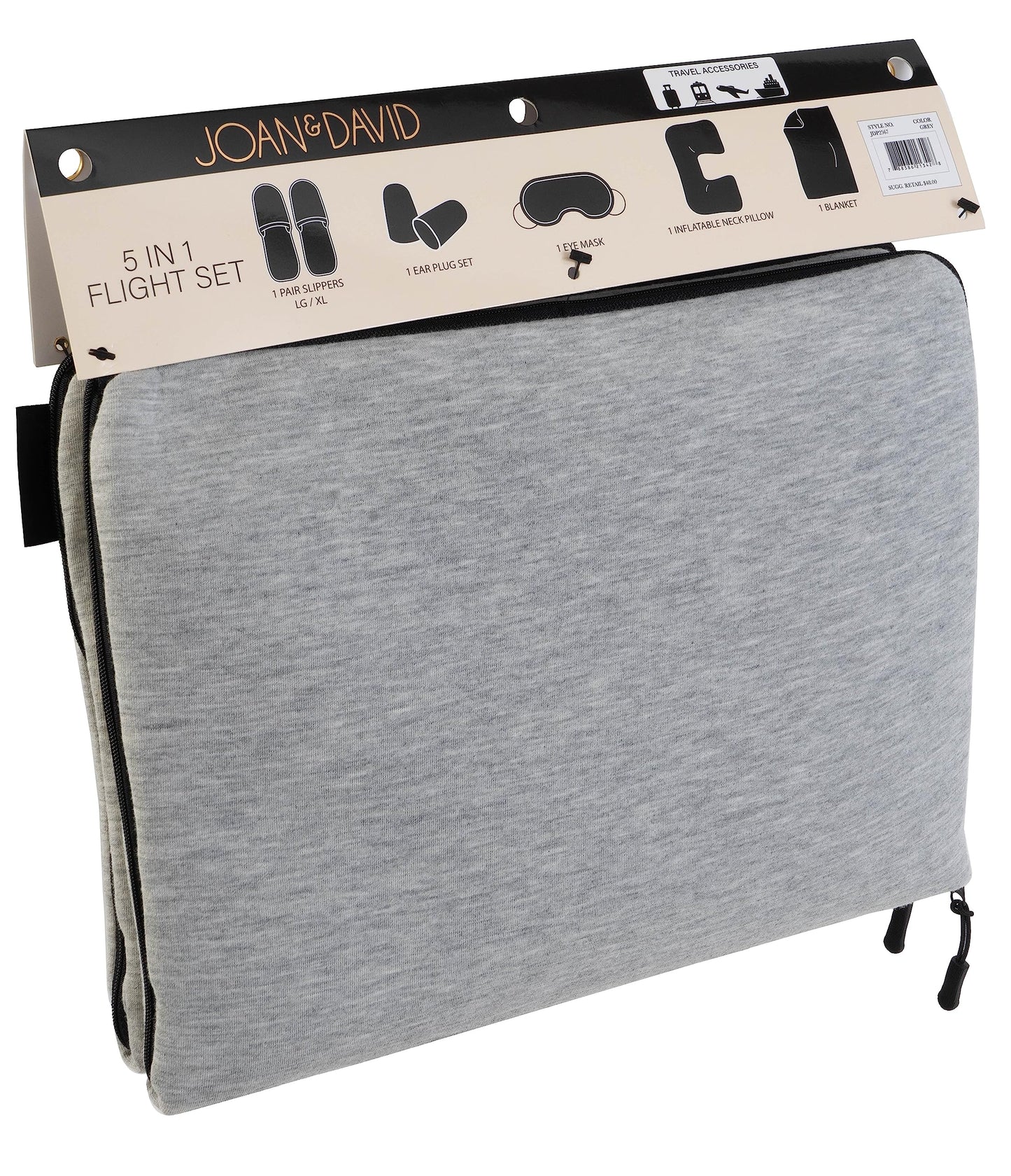 Joan & David 5 Piece Travel Kit Pouch With Blanket, Neck Pillow, Slippers, Eye Mask, Ear Plugs SIZE: SMALL/MEDIUM SLIPPERS (FITS MOST MEN/WOMENS SIZE 5-9 COLOR: GREY (JDP2442-024-GRY)