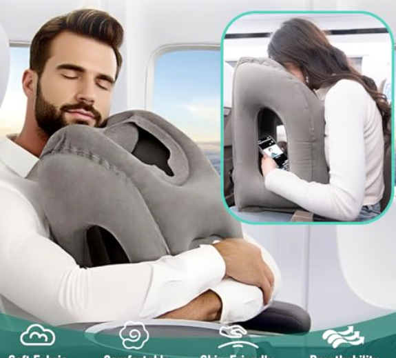 Gloserin Inflatable Travel Pillow — grey neck support pillow with eye mask, earplugs, and storage bag for airplanes, trains, and cars at Glowvoyage.