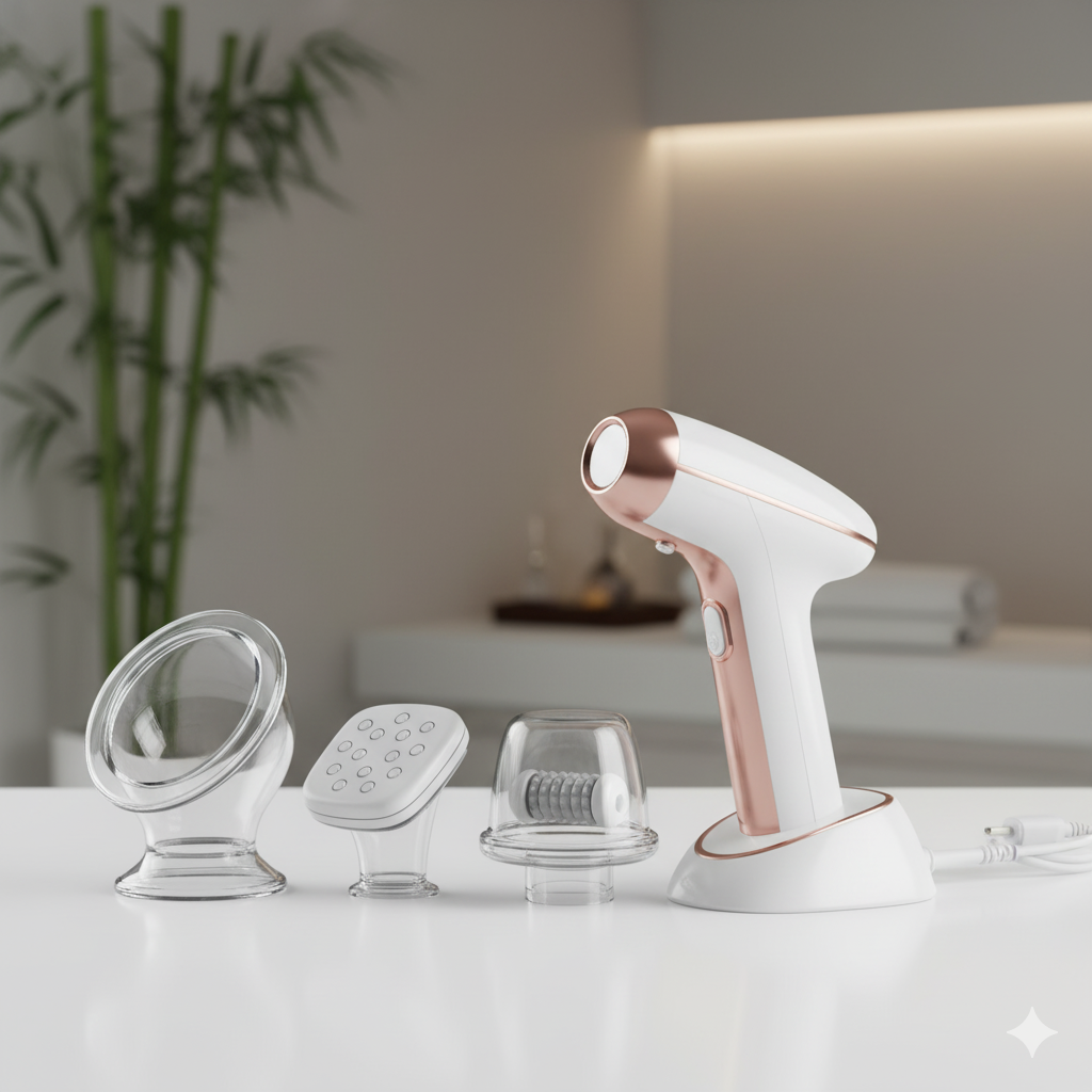 Electric 3-in-1 body sculpting massager with three interchangeable cups for cellulite and lymphatic drainage.