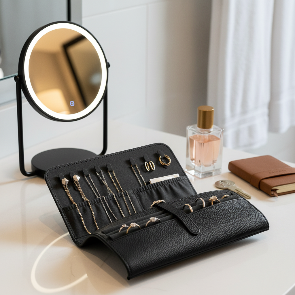 BAGSMART Jewelry Travel Case — black hanging jewelry organizer with zipper pockets and padded design for elegant travel storage, available at Glowvoyage.