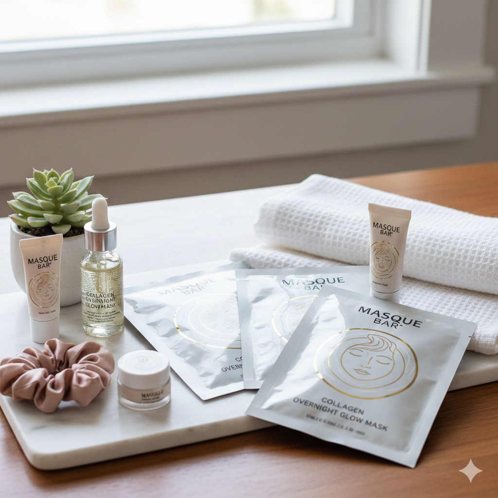 Masque BAR collagen and hyaluronic acid hydrating overnight face mask set.