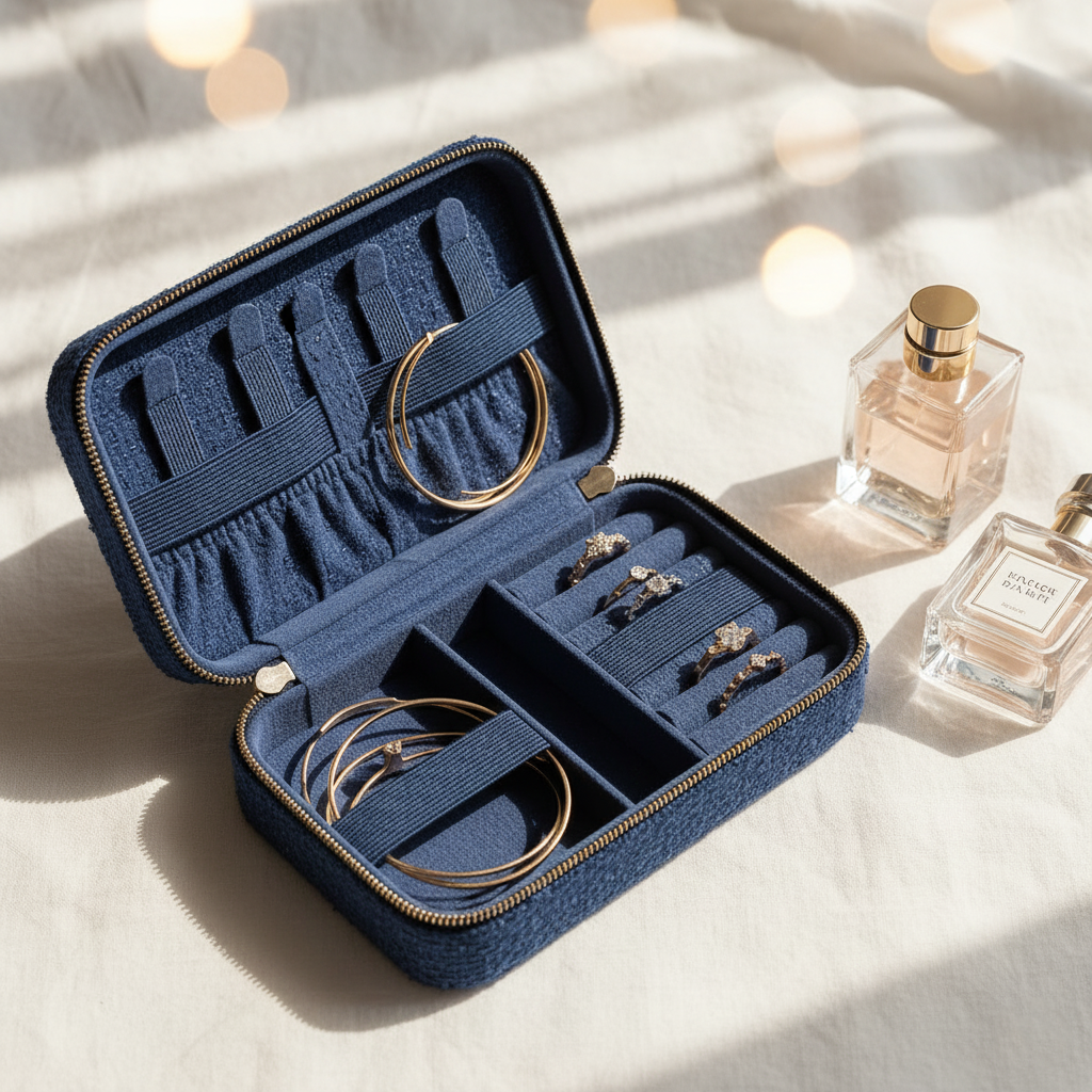 2025 New Travel Jewelry Case — tweed blue jewelry organizer with ring, bracelet, and bangle compartments, elegant travel storage available at Glowvoyage.