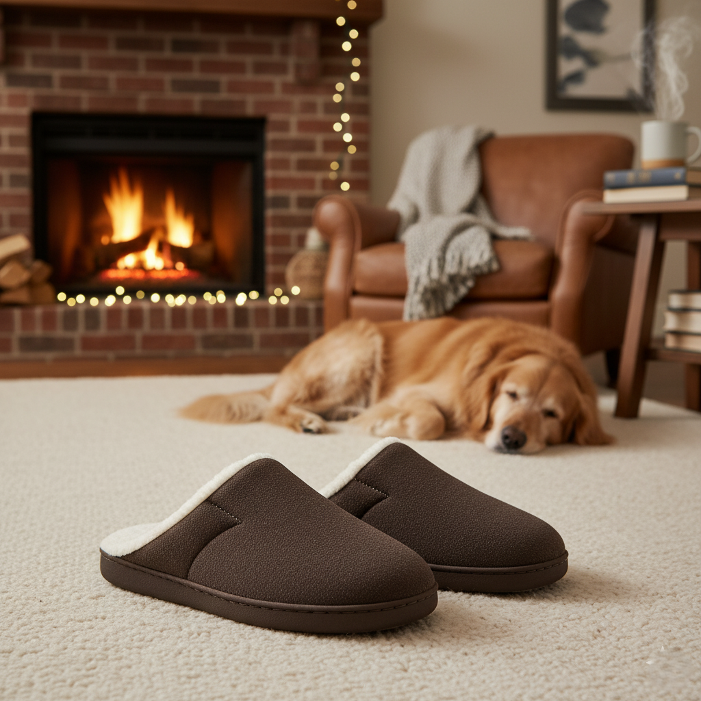 Men’s faux suede memory foam scuff slippers with open back and non-slip indoor/outdoor soles.