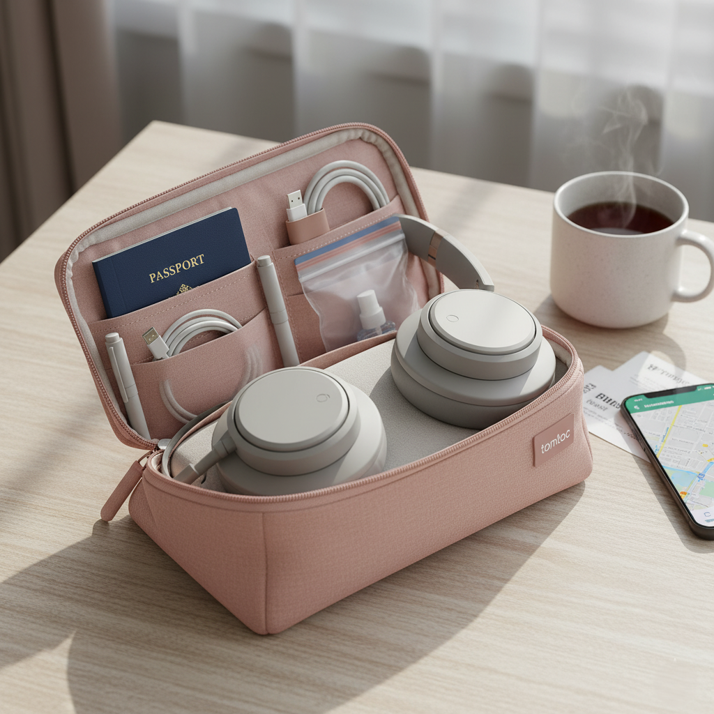 tomtoc Electronics Organizer Travel Case — soft puffy travel pouch for organizing chargers, cables, and tech essentials at Glowvoyage.