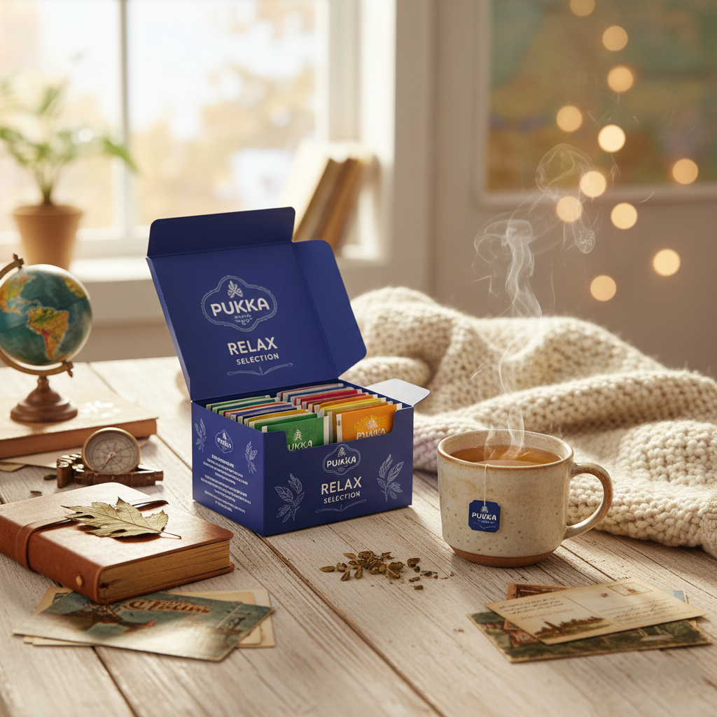 Pukka Organic Tea Bags Relax Selection Box — 45 herbal tea blends for calm, balance, and wellness, available at Glowvoyage.