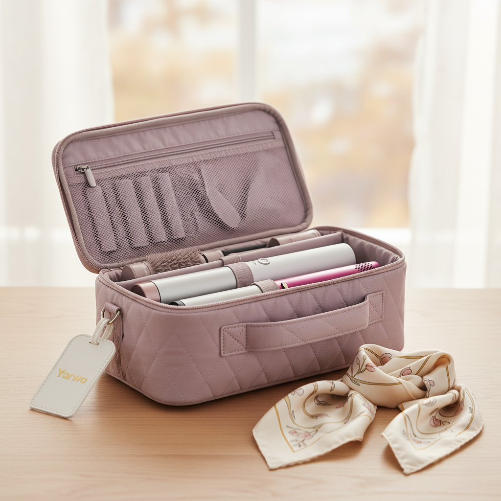 Yarwo Airwrap Travel Case — pale mauve portable organizer bag for Dyson Airwrap and attachments, designed for stylish and protective travel at Glowvoyage.