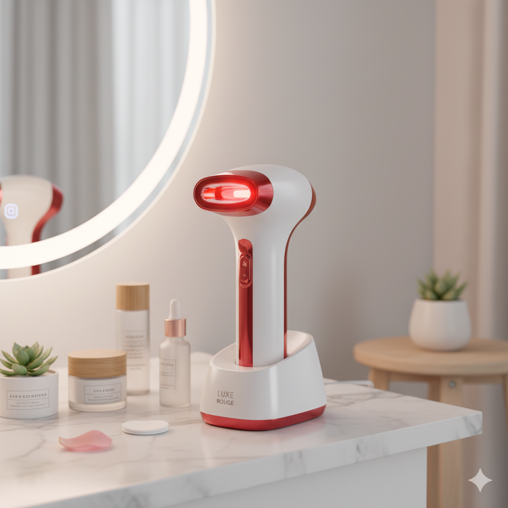 Advanced white IPL hair removal device with red-light technology for home use.