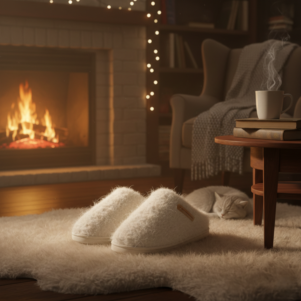 Women’s fuzzy slip-on slippers with warm plush lining and memory foam cushioning.