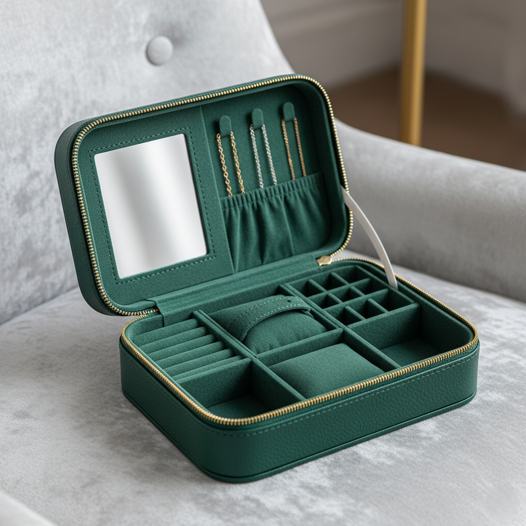 Dark green PU leather travel jewelry box with compartments for rings, earrings, necklaces, and bracelets.