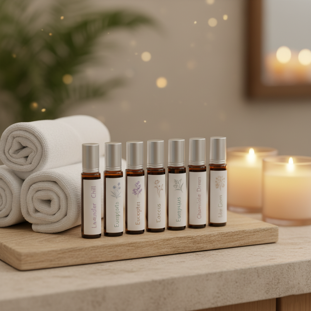 SALUBRITO Essential Oil Roll-On Gift Set — seven aromatherapy blends with lavender, peppermint, and sandalwood for natural relaxation, available at Glowvoyage.