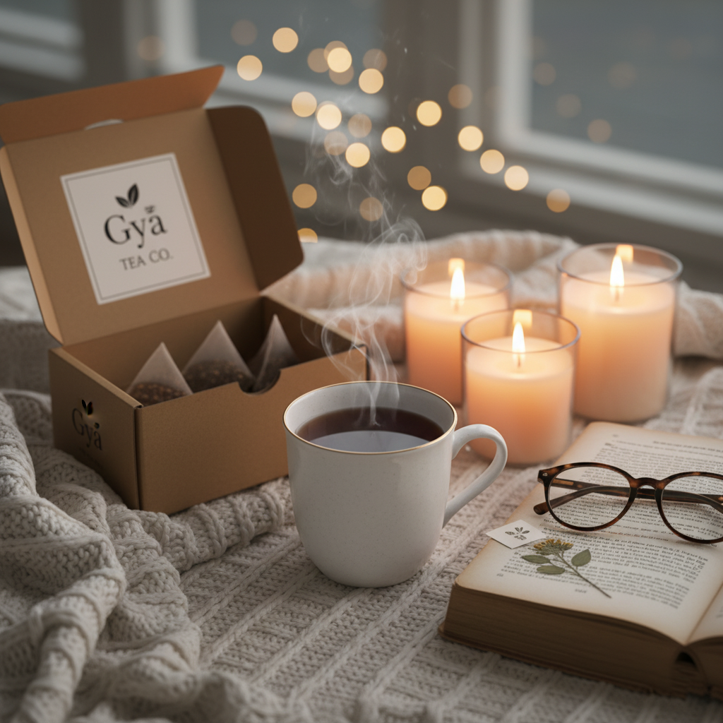 Gya Tea Co Evening Calm Tea Gift Set — four calming tea blends for night rest and relaxation, available at Glowvoyage.