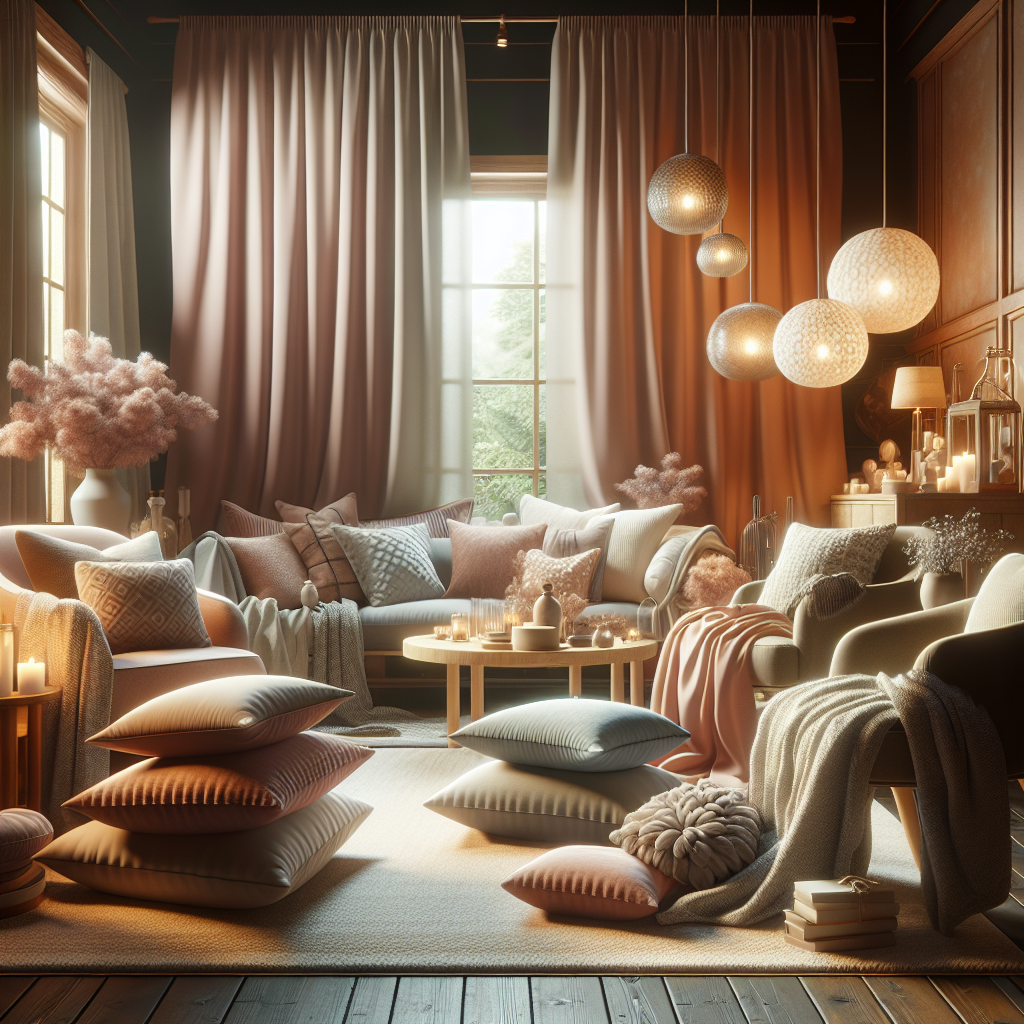 A warmly lit room displaying cozy items like pillows and blankets, exuding comfort and tranquility.