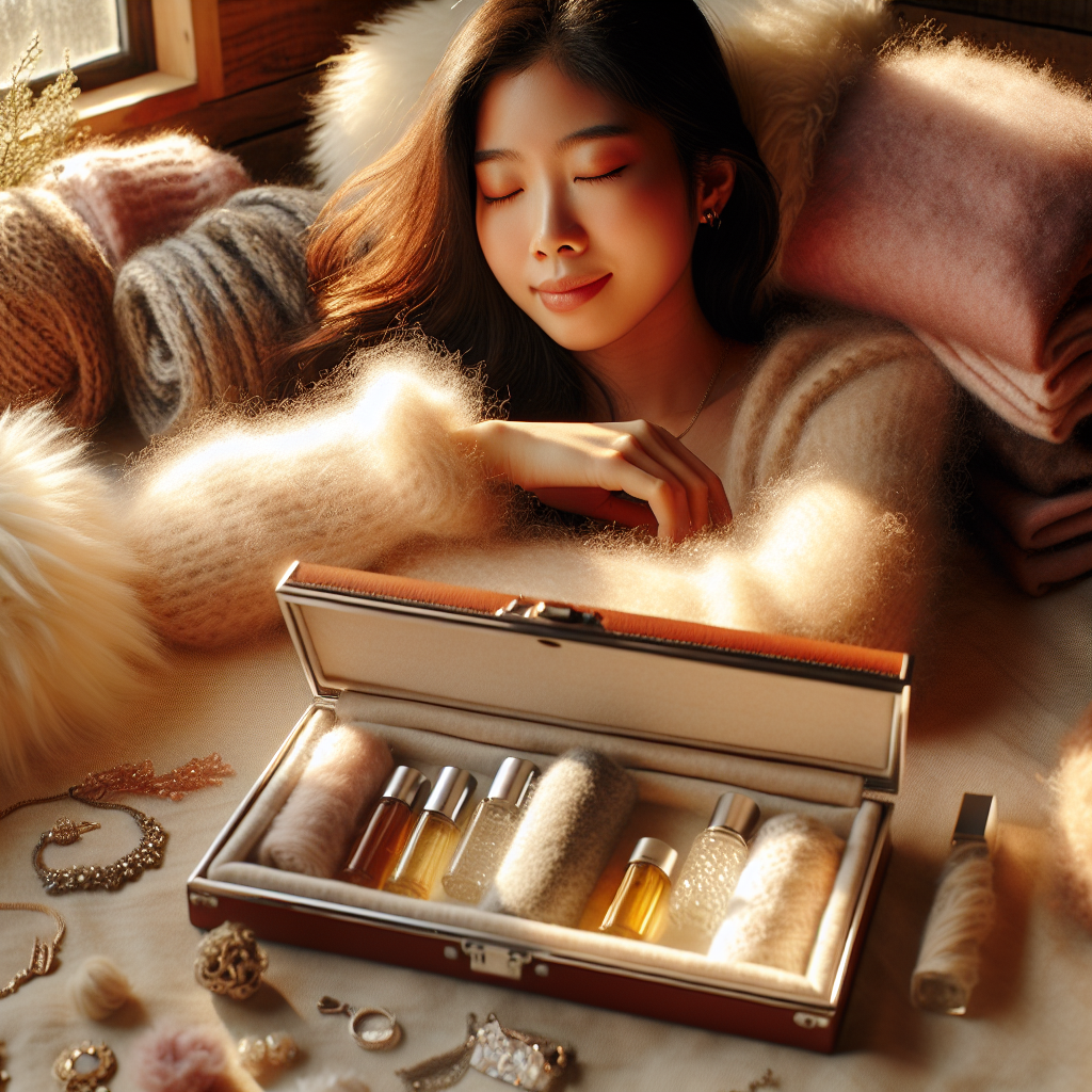 A woman in her late 20s sits in a sunlit corner, surrounded by cozy emotional accessories and portable items that evoke mood-boosting self-care.