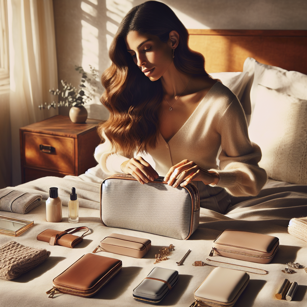 A woman arranges portable essentials and jewelry cases on a softly lit bed, embodying cozy and organized daily self-care.