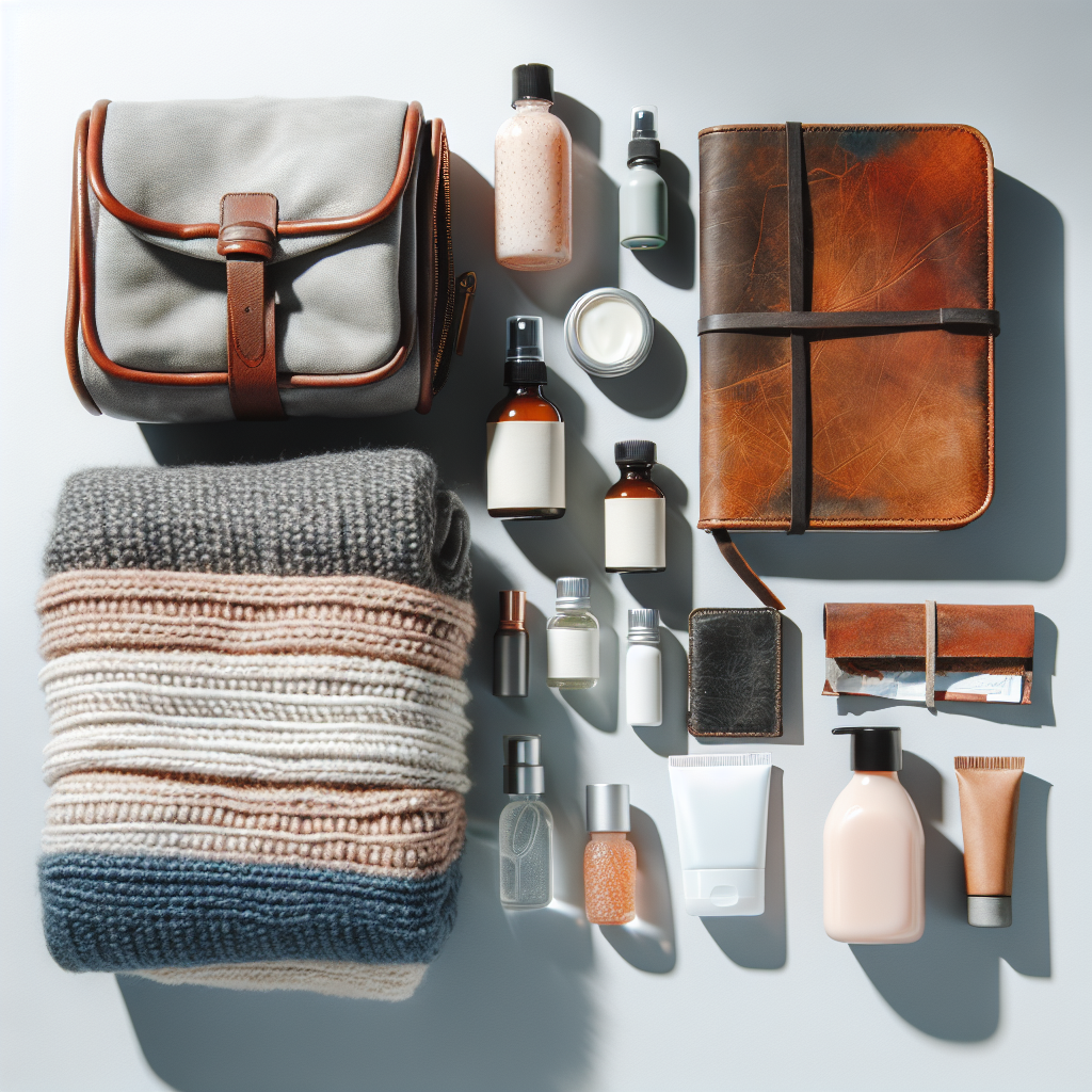 Compact travel essentials laid out on a stylish backdrop