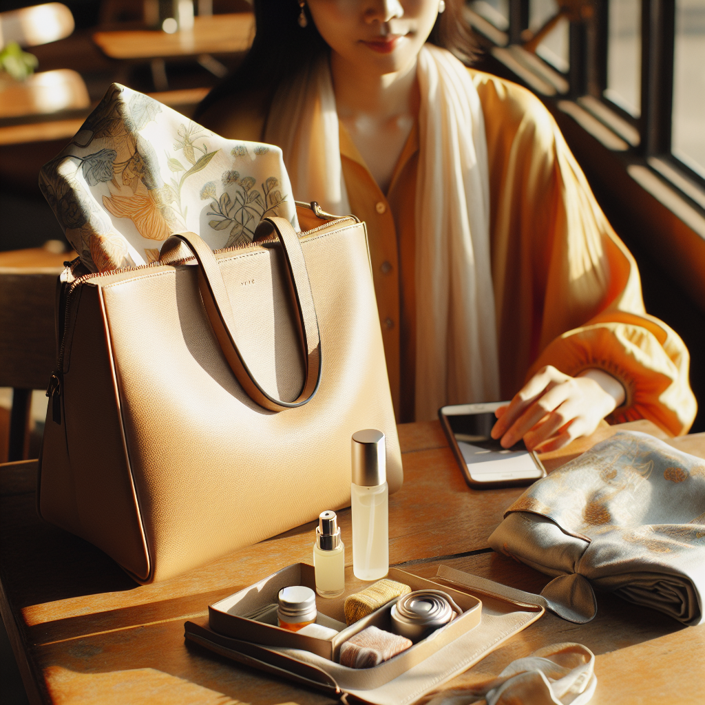A young woman relaxes at a sunny café table with her tote bag open, displaying organized, cozy everyday carry essentials.